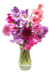 Beautiful  bouquet pink fashionable gladiolus and dahlia flower in a vase isolated on white background. Wedding bouquet of the bride
