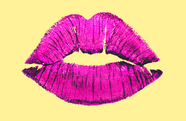 Imprint of sexy female lips with pink lipstick on a yellow background. Trace of a female kiss. Beauty and makeup concept.