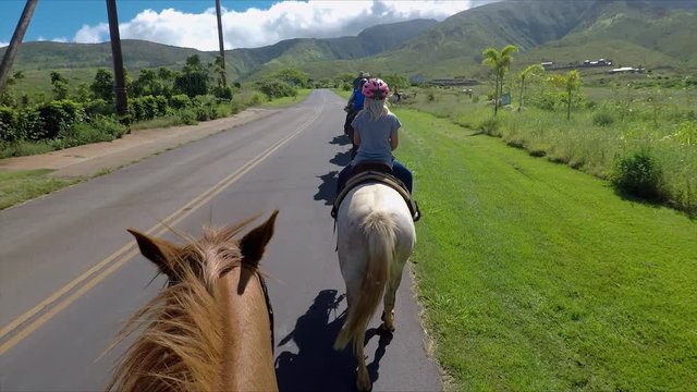 Footage, from a riders perspective, of a horse back riding group taken on the west side of Maui, Hawaii