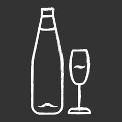 Wine chalk icon. Alcohol bar. Bottle and wineglass. Alcoholic beverage. Restaurant service. Standard glassware for white wine. Isolated vector chalkboard illustration
