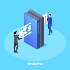 iisometric vector image on a blue background, a man in a business suit pushes a money bill into the slot on a smartphone screen, isometric vector image on a blue background, money transfer