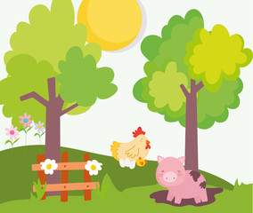 Obraz na płótnie Canvas piggy in the mud chicken wooden fence tree farm animals