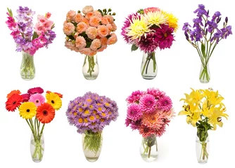 Foto auf Acrylglas Collection of bouquets flowers astra, gerbera, dahlia, gladiolus, rose, iris, lily in vases isolated on white background. Flat lay, top view © Flower Studio