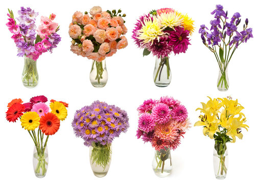 Collection of bouquets flowers astra, gerbera, dahlia, gladiolus, rose, iris, lily in vases isolated on white background. Flat lay, top view
