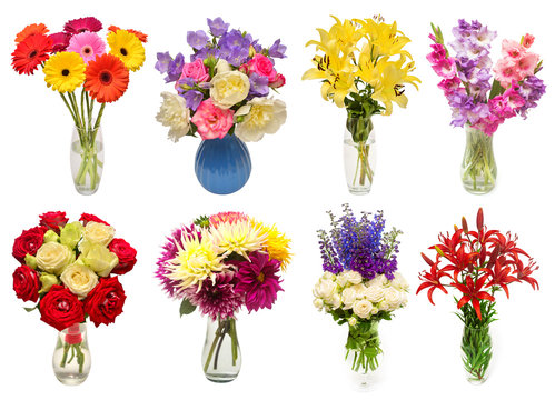 Collection of bouquets flowers gerbera, delphinium, dahlia, gladiolus, rose, peony, lily in vases isolated on white background. Flat lay, top view
