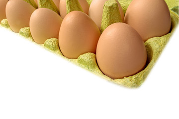 chicken eggs close-up isolated on white background in cardboard box for transportation