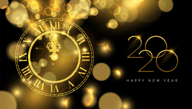 Happy New Year 2020 gold midnight clock party card