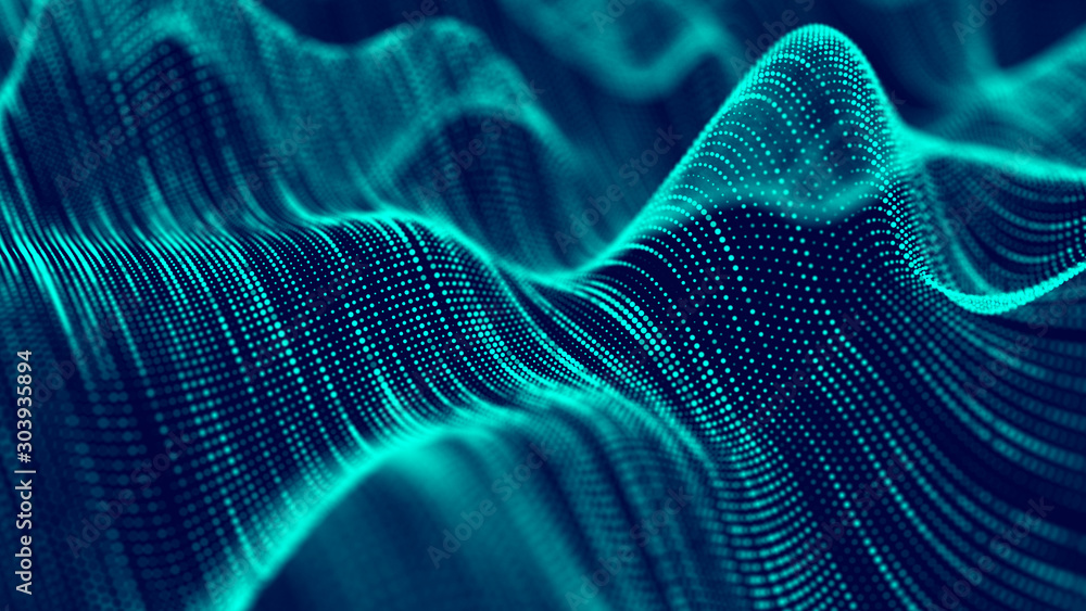 Aufkleber Abstract technology flow background. Futuristic green dots background with a dynamic wave. 3d rendering.
