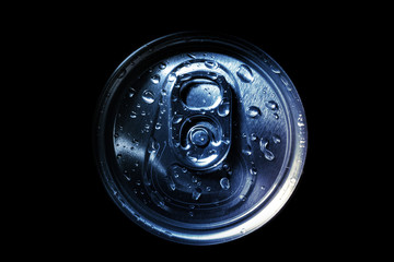aluminum soda and beer beverage can with water droplets isolated on dark background, metal can, recyclable product