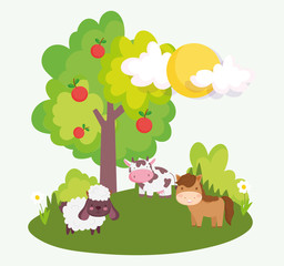 Obraz na płótnie Canvas horse sheep cow tree apples field farm animals