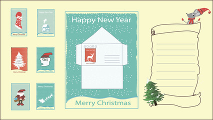 Print.  Letter to Santa Claus with stamps. stamps. New Year letter. gifts and holidays concept