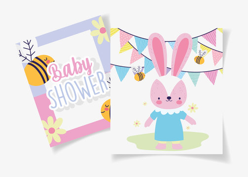 female rabbit with dress bees garland baby shower card