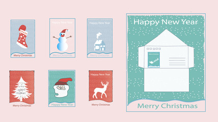 Print. The envelope. Merry Christmas and New Year. Place for your text. Envelope with stamps, illustration.