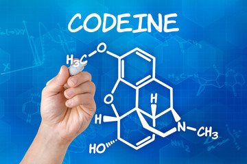 Hand with pen drawing the chemical formula of codeine