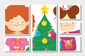 Obraz na płótnie Canvas cute little girls tree with balls merry christmas, happy new year cards