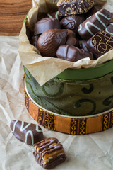 Assorted chocolates in a box.