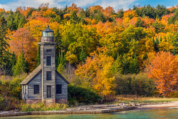 Picture Rock Boat Cruise; Munising, Michigan; East Channel Lighthouse on Grand Island - obrazy, fototapety, plakaty