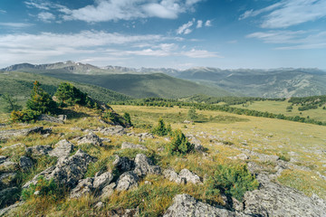 Fototapeta na wymiar Siberian plateau with a good overview. High cliffs. Wild russian nature. Beautiful landscape at the mountains. Great horizon view. Traveling in the Altai Republic. Siberian reserve. Hike.