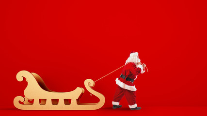 Santa Claus drags a big golden sleigh on a red background - obrazy, fototapety, plakaty