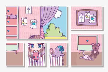 anime cute girl with toys in the carpet room cards
