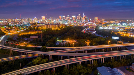 Fototapeta na wymiar Early Morning Traffic Creates Light Streak in Long Exposure in Nashville Tennessee