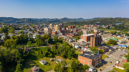 Fototapeta na wymiar Bright Sun Late Afternoon Aerial Perspective Clarksburg West Virginia