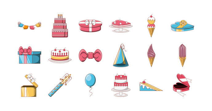 Variety happy birthday icon set pack vector design