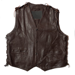 brown leather motorcycle vest on white background