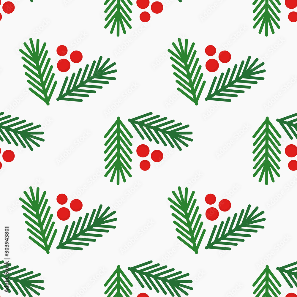 Canvas Prints christmas tree fir branches and berries simple seamless pattern on white background.