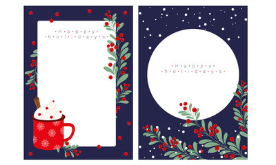 Christmas invitation illustration of plants, berries and branches bright green leaves on a blue background, set, mug.