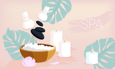 Spa set elements. Sea salt, Spa candles in pastel colors, spa stones tropical leafs.