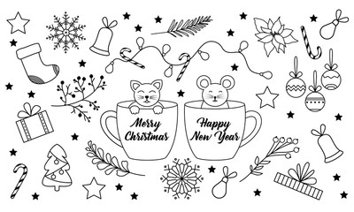 Christmas set, cat and mouse in a cup, light bulbs, gift, tree, branches, snowflakes. White background.