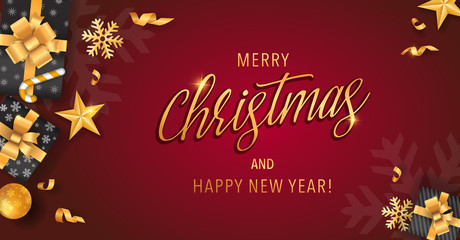 Fototapeta na wymiar Merry Christmas and Happy New Year red backgrounds template with gold glitter elements and calligraphy