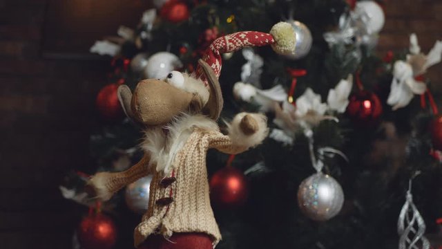 turning santa claus deer handmade toy. christmas background