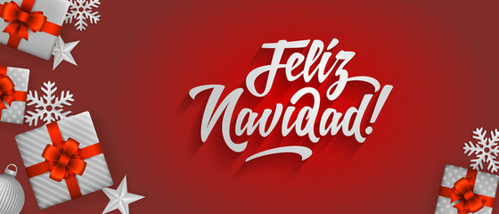 Feliz Navidad - Merry christmas in spanish language red flat card template design elements, snowflakes, stars and calligraphy