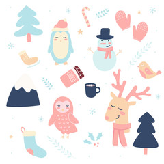 Xmas holiday cute elements set. Childish winter print for cards, stickers, apparel. All elements of are isolated