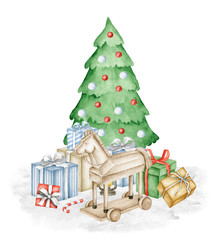 Hand drawn watercolor illustration of old-fashioned toys, Christmas Tree and gift boxes. Wooden Horse. Watercolor Illustration on white background. Great for old-fashioned designs and Christmas card - 303946643