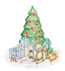 Hand drawn watercolor illustration of old-fashioned toys, Christmas Tree and gift boxes. Teddy Bear and Bunny toy. Watercolor Illustration on white background. Great for old-fashioned de - 303946647