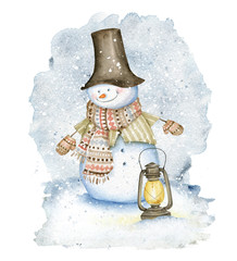 Snowman with hat, scarf, street oil lamp and mittens on winter snow background. Watercolor Illustration. Christmas card - 303946698