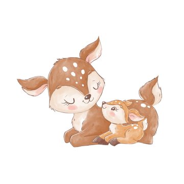 Cute watercolor deers. Mother and baby 