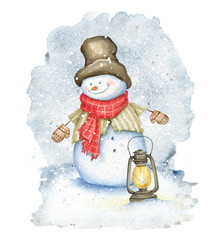 Snowman with hat, scarf, street oil lamp and mittens on winter snow background. Watercolor Illustration. Christmas card - 303946850