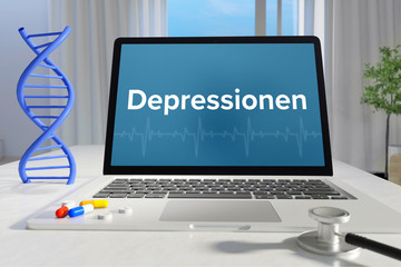 Depressionen - Medizin/Gesundheit. Computer im Büro mit Begriff auf dem Bildschirm. Arzt/Gesundheitswesen