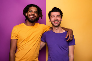 Blank and white friends. Concept of integration, union and partnership. Yellow and violet background