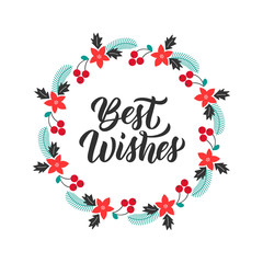 Best wishes inscription and christmas greeting wreath with rowanberry, fir branches, poinsettia. Round frame for Christmas cards, invitations, print and winter design. Vector
