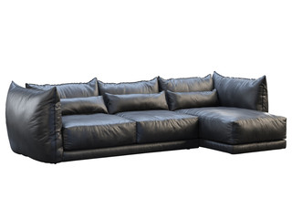 Modern black three-seat corner leather sofa. 3d render