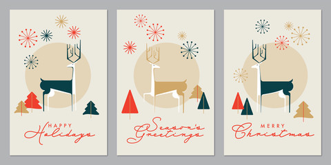 Set of 3 Christmas Cards featuring Reindeer, Pine Trees and Snowflakes, Red, gold and green Color Scheme