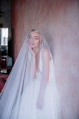 Fototapeta premium Beauty Fashion Bride with a long veil. Charming and tender bride with a veil. Portraits of the bride without retouching.