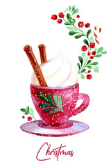 Mug with hot cocoa or coffee, cream, cinnamon. Watercolor picture on white background