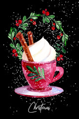Mug with hot cocoa or coffee, cream, cinnamon. Watercolor picture on black background