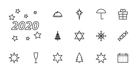 Simple set of stars related vector icons. Contains icons such as Christmas Tree, 2020, Gift, Wine Glass, Calendar Star and much more. white background, editable brush stroke, 48x48 Pixel Perfect.